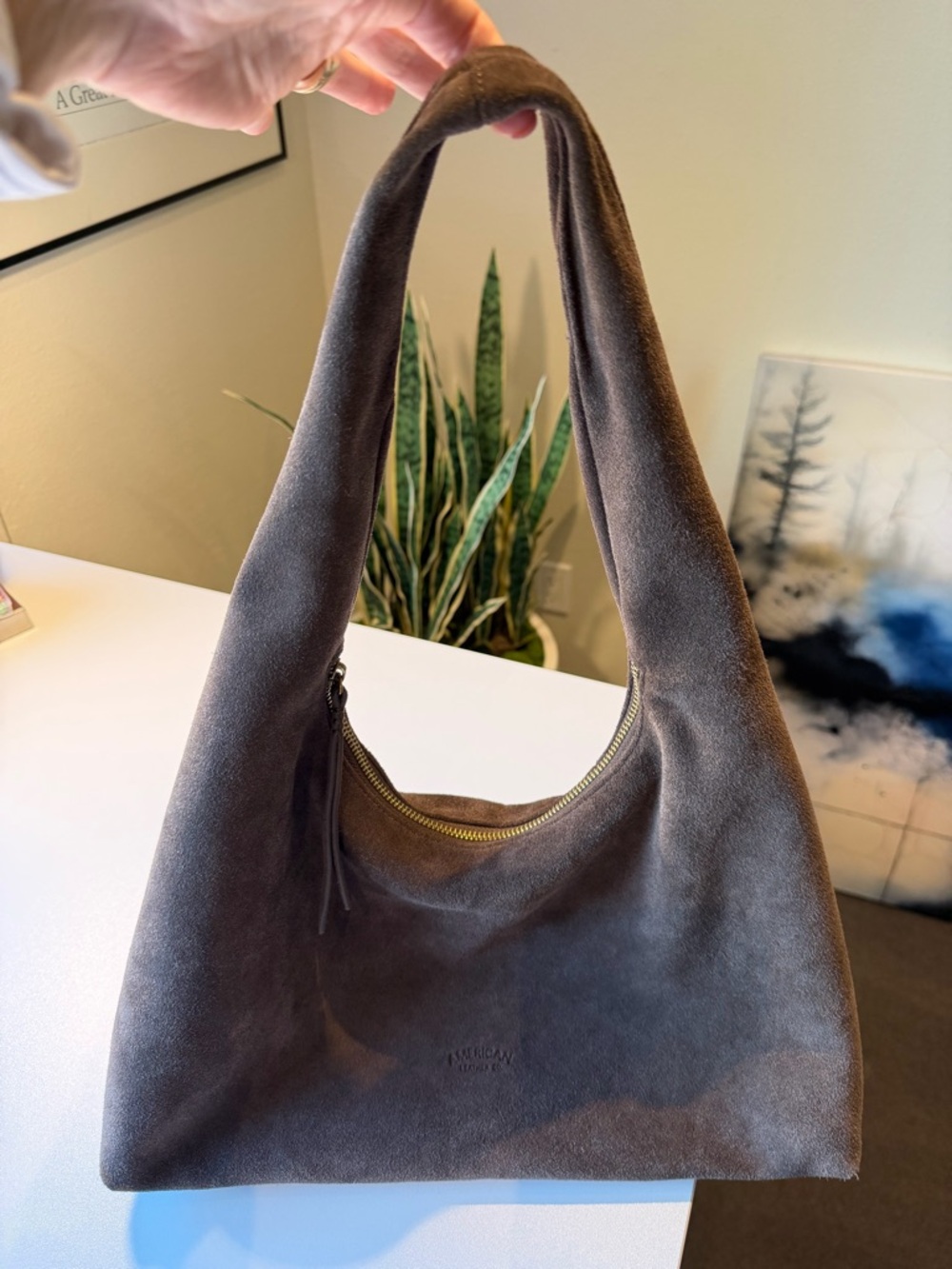 American Leather Co Suede Crescent Shoulder Bag